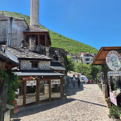 9 Bosnia-Mostar-Old Town-street-shops-restaurant-Behar